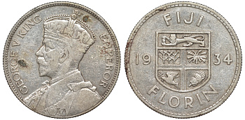 Фиджи 1 флорин 1934 Георг V (1910-1936), герб Фиджи KM 5 серебро 91-1245