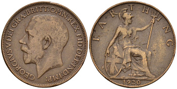 Великобритания 1 фартинг 1920 Георг V (1910-1936), светлая отделка KM 808.2, Spink 4060 бронза 4154-248