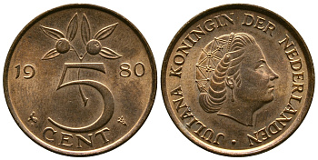 Нидерланды 5 центов 1980 Юлиана (1948-1980) KM 181 бронза 177-137