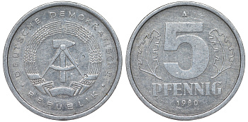 ГДР 5 ПФЕННИГОВ 1980 A KM 9.2 алюминий 62-426