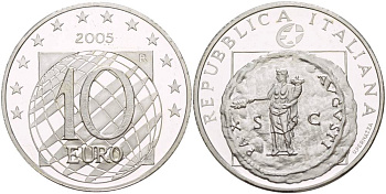 Италия 10 евро 2005 60 лет мира и свободы в Европе, античная монета KM 271 серебро PROOF 1088-5-54