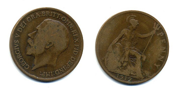 Великобритания 1 пенни 1919 Георг V (1910-1936) КМ 810, Spink 4051 бронза 47-226