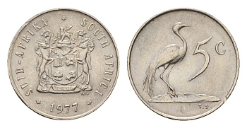 ЮАР 5 центов 1977 герб, райский журавль KM 84 никель 4643-245