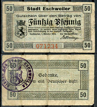 Германия, Эшвайлер 50 пфеннигов 1918 нотгельд, 1.10.1918 бумага 8614-44-3-1