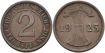 Германия 2 рейхспфеннига 1925 А KM 38, J.314, Weege 4 бронза 4575-433