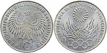 ФРГ 10 марок 1972 D, XX летние Олимпийские игры 1972 года в Мюнхене, олимпийский огонь KM 135, J.405 серебро UNC 1520-1512