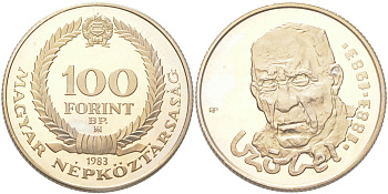 Венгрия 100 форинтов 1983 100 лет со дня рождения Бела Чобель, художник KM 634 медь цинк никель PROOF 4044-1012