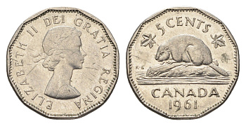 Канада 5 центов 1961 Елизавета II (1952-2022), бобр KM 50a никель 4664-625