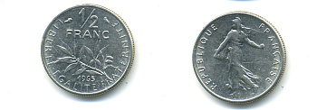 Франция 1/2 франка 1965 сеятель KM 931, Le Franc 198.3 никель 86-1751