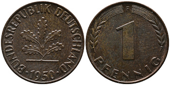 ФРГ 1 пфенниг 1950 F KM 105, J.380 сталь плакированная медью 99-247