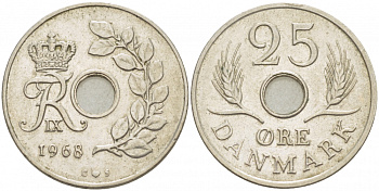 Дания 25 эре 1968 С;S, Фредерик IX (1947-1972) KM 855.1 медно-никель 85-545