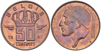 БЕЛЬГИЯ 50 САНТИМОВ 1980 BELGIE, БОДУЭН I (1951-1993) KM 149.1 бронза 214-643