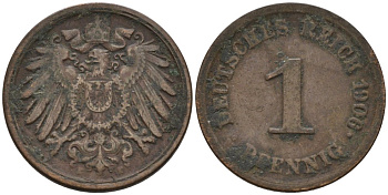 Германия 1 пфенниг 1906 E KM 10, J. 10 медь 4567-1237