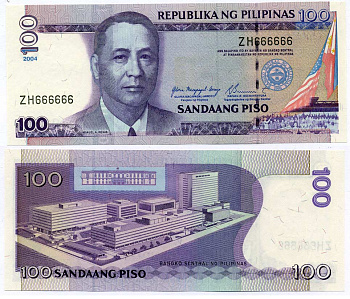 ФИЛИППИНЫ 100 ПИСО 2004 ПОДПИСЬ 17, СЕРИЯ ZH 666666 Pick 194а бумага UNC (ПРЕСС) 6278-24-4-2