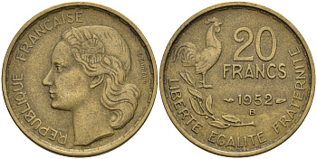 Франция 20 франков 1952 B, петух, 4 пера КМ 917.2 алюминиевая бронза    4603-234
