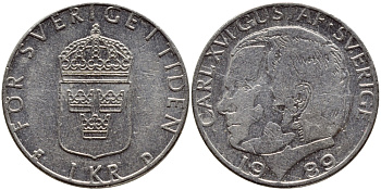 Швеция 1 крона 1989 Карл XVI Густав (1973- ) KM 852a медно-никель 4397-1235