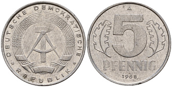 ГДР 5 пфеннигов 1968 A KM 9.1 алюминий 211-962
