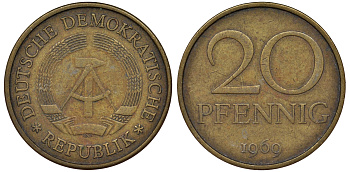 ГДР 20 пфеннигов 1969 А, первый год KM 11 латунь 62-941