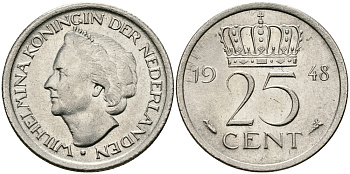 НИДЕРЛАНДЫ 25 ЦЕНТОВ 1948 ВИЛЬГЕЛЬМИНА KM 178 никель 96-114