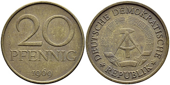 ГДР 20 пфеннигов 1969 A, первый год KM 11 латунь 261-845
