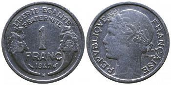 ФРАНЦИЯ 1 ФРАНК 1947 B KM 885a.2 алюминий 4381-514