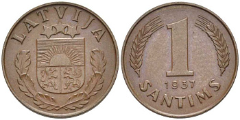 Латвия 1 сантим 1937 первая Республика (1918-1939) KM 10 бронза 116-918