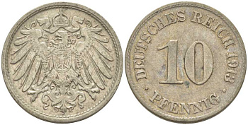 ГЕРМАНИЯ 10 ПФЕННИГОВ 1913 D KM 12, J. 13, Weege 8 медно-никель 212-234