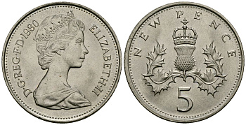 Великобритания 5 пенсов 1980 Елизавета II (1952-2022) KM 911, Spink 4233 (D1) медно-никель 4538-232