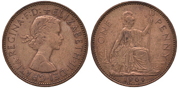 Великобритания 1 пенни 1964 Елизавета II (1952-2022) KM 897, Spink 4157 бронза 4131-512