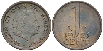 Нидерланды 1 цент 1951 Юлиана (1948-1980) КМ 180 бронза 214-1026