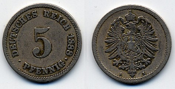 ГЕРМАНИЯ 5 ПФЕННИГОВ 1888 A, СТАРОГЕРБОВКА KM 3, J. 3 медно-никель 51-4918