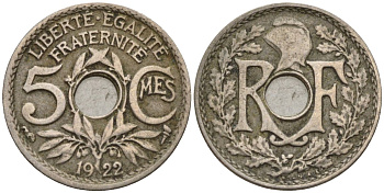 Франция 5 сантимов 1922 KM 875 медно-никель 4596-452