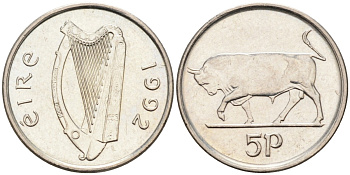 Ирландия 5 пенсов 1992 бык, диаметр 18,5 мм. KM 28 медно-никель UNC 4580-935