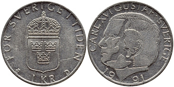 Швеция 1 крона 1991 Карл XVI Густав (1973- ) KM 852a медно-никель 4384-155