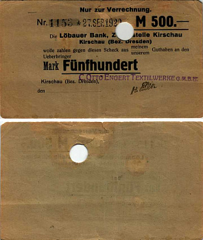 ГЕРМАНИЯ 500 МАРОК 1922 ДРЕЗДЕН, 27 СЕНТЯБРЯ 1922, ТЕКСТИЛЬНАЯ ФАБРИКА C. OTTO ENGERT TEXTILWERKE G.M.B.H., НОТГЕЛЬД, С ОТМЕТКОЙ О ГАШЕНИИ бумага 444-147-2