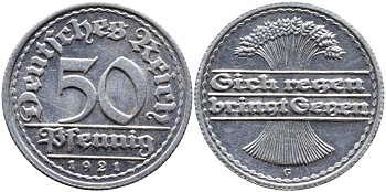 ГЕРМАНИЯ 50 ПФЕННИГОВ 1921 G KM 27, J. 301 алюминий 4390-851