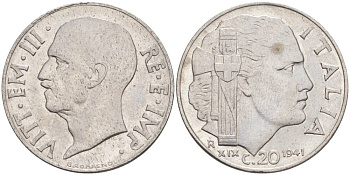 ИТАЛИЯ 20 ЧЕНТЕЗИМО 1941 R, ГОД XIX, ВИКТОР ЭММАНУИЛ III (1900-1946) KM 75b, VEM3. 1028 нержавеющая сталь 3853-835