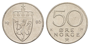 Норвегия 50 эре 1986 Улаф V (1957-1991) KM 418 медно-никель UNC 4635-512