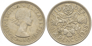 Великобритания 6 пенсов 1958 Елизавета II (1952-2022) KM 903, Spink 4149 медно-никель 4528-1049