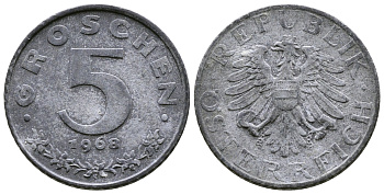 АВСТРИЯ 5 ГРОШЕЙ 1968 KM 2875 цинк 57-1117
