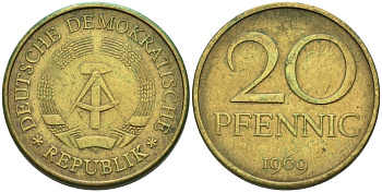 ГДР 20 пфеннигов 1969 А, первый год KM 11 латунь 4571-632
