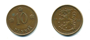 Финляндия 10 пенни 1923 республика (1918-1962) KM 24 медь 46-827