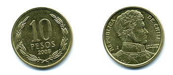 ЧИЛИ 10 ПЕСО 2008 ГЕНЕРАЛ БЕРНАРДО О ХИГГИНС KM 228.2 никель-бронза 37-267