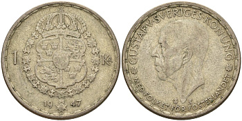 Швеция 1 крона 1947 TS, Густав V (1907-1950) KM 814 серебро 4148-1041