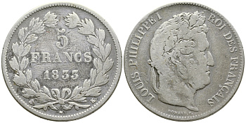 Франция 5 франков 1833 K, Луи Филипп I (1830-1848) KM 749.7 серебро 1066-6-23