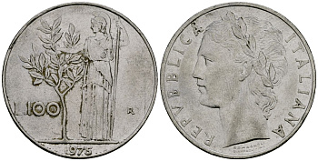 Италия 100 лир 1975 R, Афина у оливкого дерева KM 96.1 нержавеющая сталь 4137-226