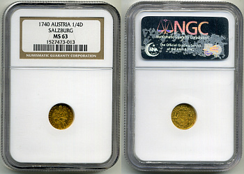 Австрия, Зальцбург 1/4 дуката 1740 в слабе NGS MS 63 золото UNC 15-005-02