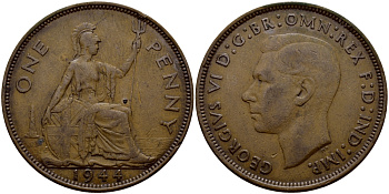 Великобритания 1 пенни 1944 Георг VI (1936-1952) KM 845, Spink 4114 бронза 540-513