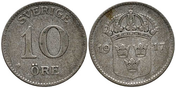 Швеция 10 эре 1917 W, Густав V (1907-1950) КМ 780 серебро 201-1063