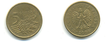 Польша 5 грошей 2004 MW KM 278, Parchimowicz 703k латунь 176-747